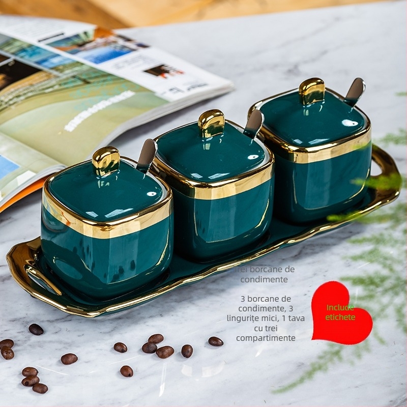 Set ceramic pentru condimente – recipient pentru ulei, recipient pentru sare, sticluță de oțet; stil lux ușor; origine China continentală