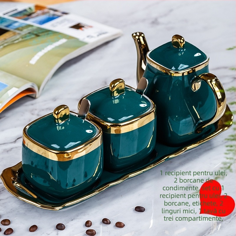 Set ceramic pentru condimente – recipient pentru ulei, recipient pentru sare, sticluță de oțet; stil lux ușor; origine China continentală