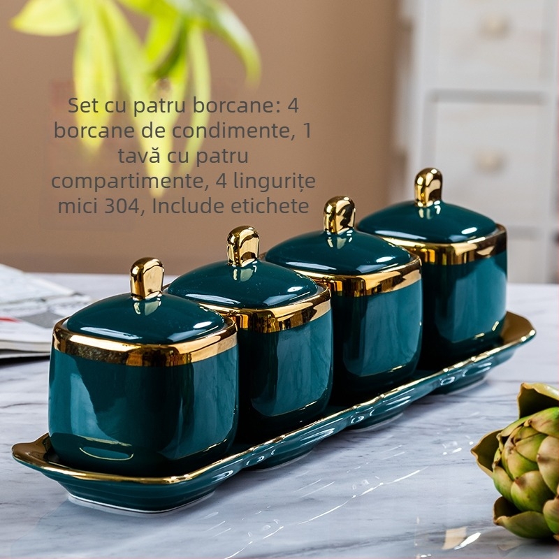 Set ceramic pentru condimente – recipient pentru ulei, recipient pentru sare, sticluță de oțet; stil lux ușor; origine China continentală