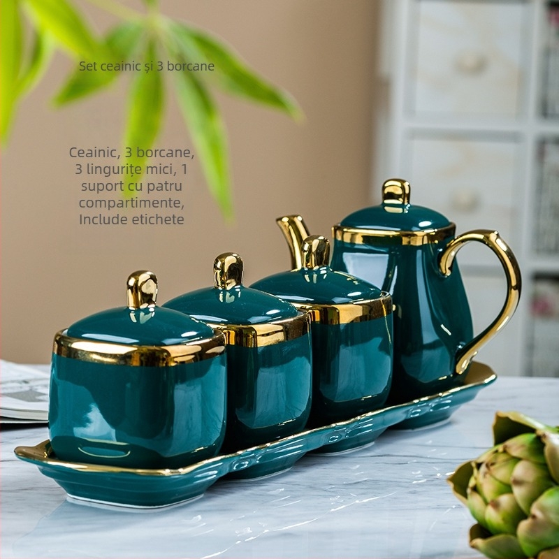 Set ceramic pentru condimente – recipient pentru ulei, recipient pentru sare, sticluță de oțet; stil lux ușor; origine China continentală