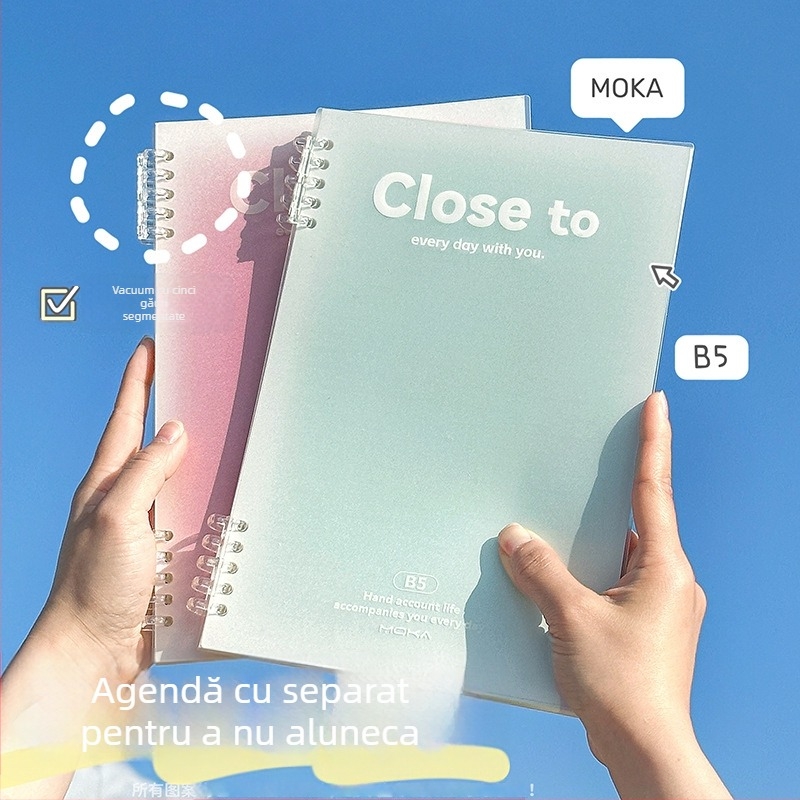 Caiet cu foi detașabile MOKA moka, design gradient, hârtie pentru protecția ochilor, 60 foi, găuri de 5, compatibil cu refiluri de foi