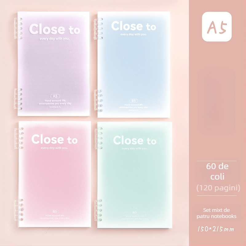 Caiet cu foi detașabile MOKA moka, design gradient, hârtie pentru protecția ochilor, 60 foi, găuri de 5, compatibil cu refiluri de foi