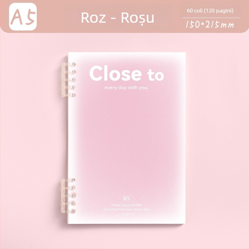 Caiet cu foi detașabile MOKA moka, design gradient, hârtie pentru protecția ochilor, 60 foi, găuri de 5, compatibil cu refiluri de foi