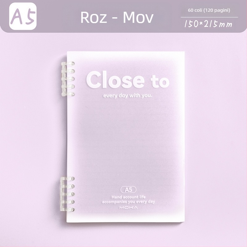 Caiet cu foi detașabile MOKA moka, design gradient, hârtie pentru protecția ochilor, 60 foi, găuri de 5, compatibil cu refiluri de foi