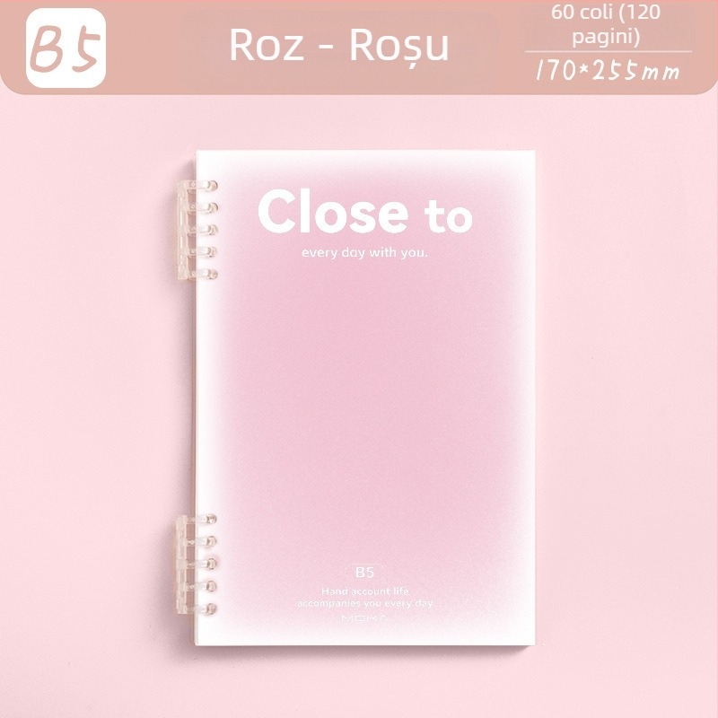 Caiet cu foi detașabile MOKA moka, design gradient, hârtie pentru protecția ochilor, 60 foi, găuri de 5, compatibil cu refiluri de foi