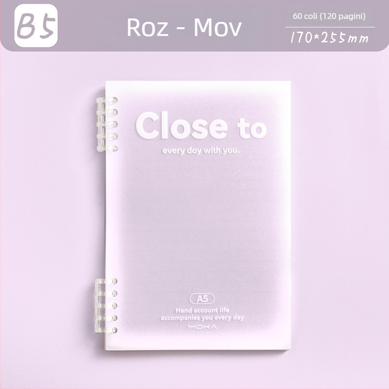 Caiet cu foi detașabile MOKA moka, design gradient, hârtie pentru protecția ochilor, 60 foi, găuri de 5, compatibil cu refiluri de foi