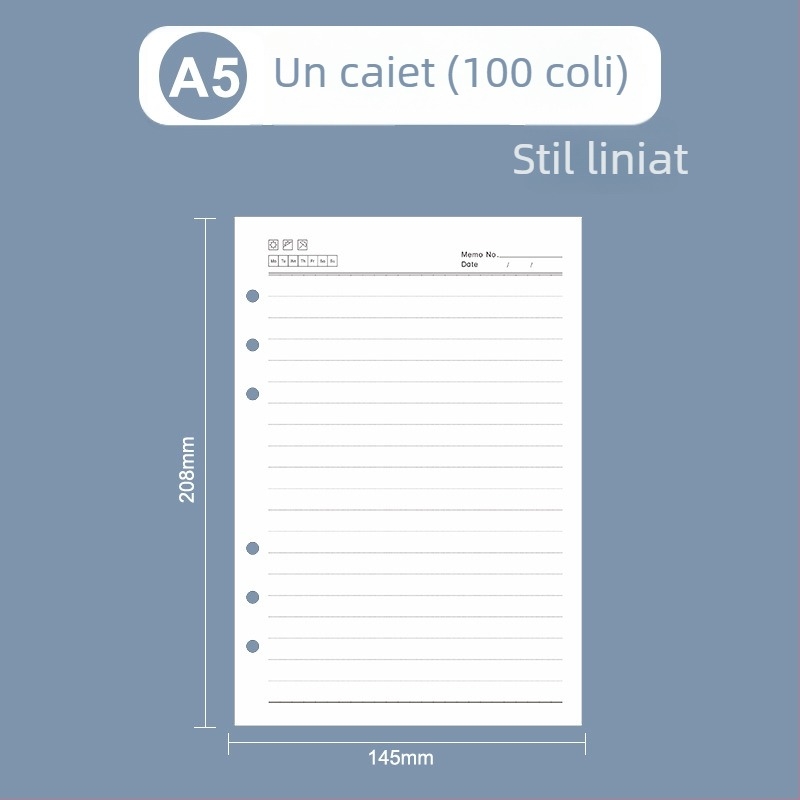 Nucleu interior loose-leaf pentru caiet: pagini cu grilă și linii Cornell, 6 sau 9 găuri, 100/96 foi, logo tipărit, personalizare disponibilă