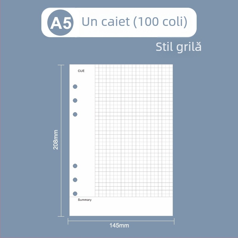 Nucleu interior loose-leaf pentru caiet: pagini cu grilă și linii Cornell, 6 sau 9 găuri, 100/96 foi, logo tipărit, personalizare disponibilă