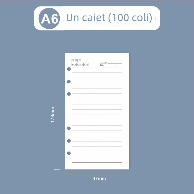 Nucleu interior loose-leaf pentru caiet: pagini cu grilă și linii Cornell, 6 sau 9 găuri, 100/96 foi, logo tipărit, personalizare disponibilă