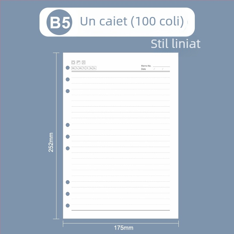 Nucleu interior loose-leaf pentru caiet: pagini cu grilă și linii Cornell, 6 sau 9 găuri, 100/96 foi, logo tipărit, personalizare disponibilă