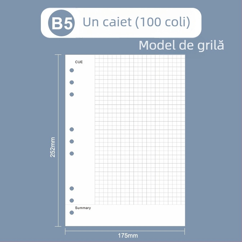 Nucleu interior loose-leaf pentru caiet: pagini cu grilă și linii Cornell, 6 sau 9 găuri, 100/96 foi, logo tipărit, personalizare disponibilă