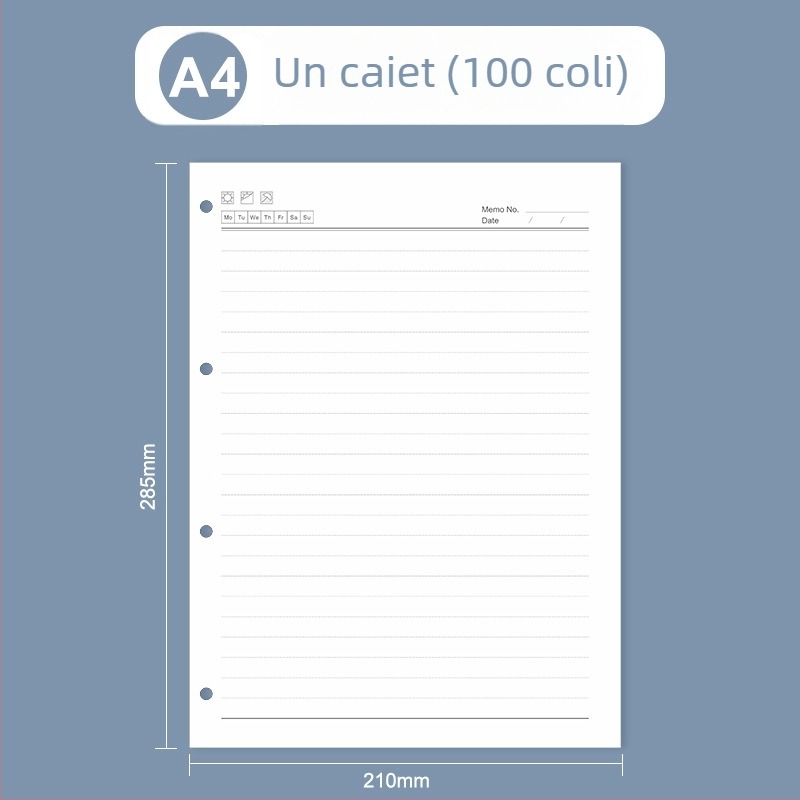 Nucleu interior loose-leaf pentru caiet: pagini cu grilă și linii Cornell, 6 sau 9 găuri, 100/96 foi, logo tipărit, personalizare disponibilă