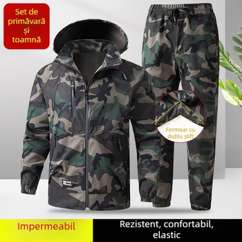 Set de lucru camuflaj, țesătură din amestec de fibre chimice, uscare rapidă, impermeabil, rezistent la abraziune, primăvară și toamnă, unisex