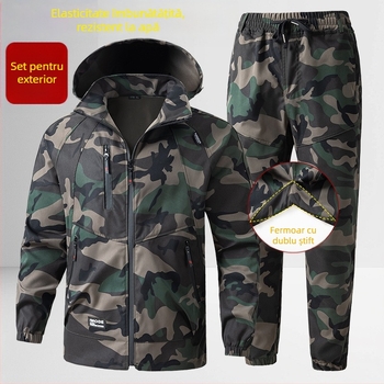 Set de lucru camuflaj, țesătură din amestec de fibre chimice, uscare rapidă, impermeabil, rezistent la abraziune, primăvară și toamnă, unisex