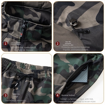 Set de lucru camuflaj, țesătură din amestec de fibre chimice, uscare rapidă, impermeabil, rezistent la abraziune, primăvară și toamnă, unisex