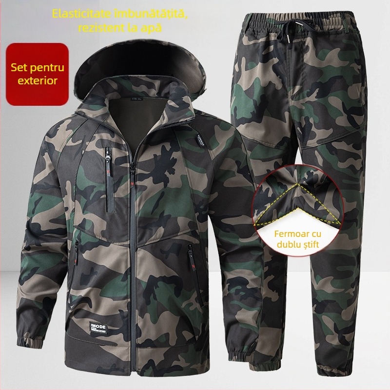 Set de lucru camuflaj, țesătură din amestec de fibre chimice, uscare rapidă, impermeabil, rezistent la abraziune, primăvară și toamnă, unisex