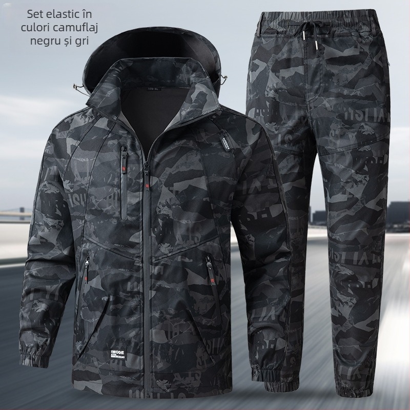 Set de lucru camuflaj, țesătură din amestec de fibre chimice, uscare rapidă, impermeabil, rezistent la abraziune, primăvară și toamnă, unisex