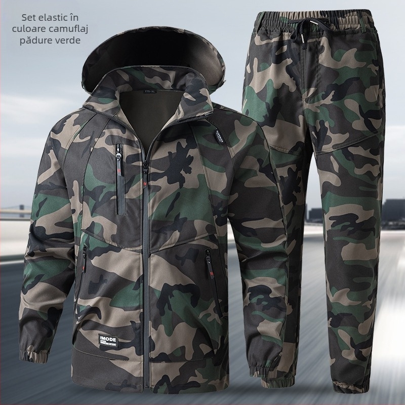 Set de lucru camuflaj, țesătură din amestec de fibre chimice, uscare rapidă, impermeabil, rezistent la abraziune, primăvară și toamnă, unisex