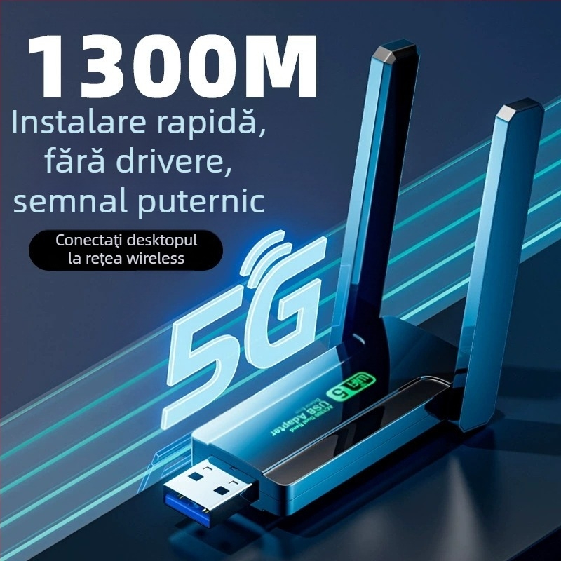Cardă de rețea wireless USB, fără driver, dual-band 1300 Mbps, 2,4 GHz/5 GHz, interfață USB, suport 802.11b/g/n