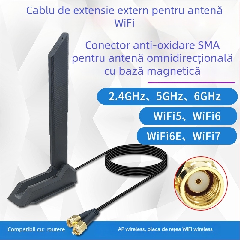 Blade 12dB Antenă SMA pliabilă pentru WiFi 6E – bandă duală/tri 2,4/5/6 GHz, până la 5374 Mbps, Bluetooth, Interfață SMA