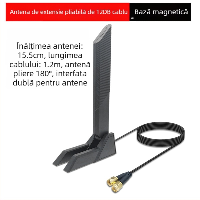 Blade 12dB Antenă SMA pliabilă pentru WiFi 6E – bandă duală/tri 2,4/5/6 GHz, până la 5374 Mbps, Bluetooth, Interfață SMA