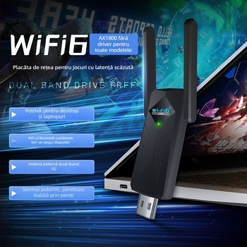 Cardă de rețea USB wireless - Driver-free și WiFi 6; compatibil Gigabit Ethernet (10/100/1000 Mbps, USB, Ethernet)