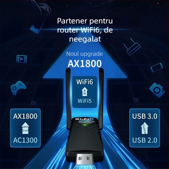 Cardă de rețea USB wireless - Driver-free și WiFi 6; compatibil Gigabit Ethernet (10/100/1000 Mbps, USB, Ethernet)