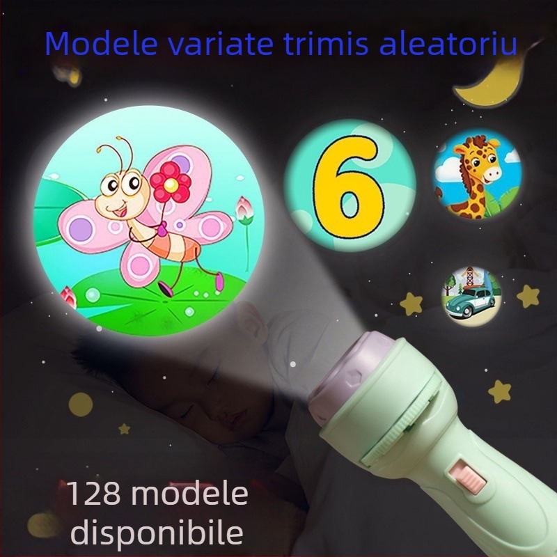 Jucărie lanternă LED cu proiecție pentru copii, funcții educaționale de alfabetizare, proiecții luminoase și simularea situațiilor; din plastic, pentru 4–6 ani