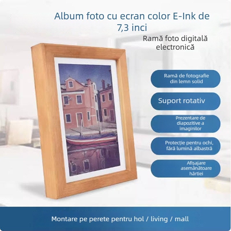 Ramă foto digitală ACEP7 cu ecran E Ink, RTC încorporat, ramă din lemn masiv