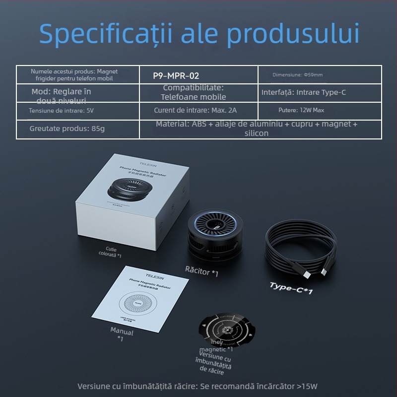 TELESIN radiator pentru telefon pentru live, răcire magnetică pe bază de semiconductori, răcire inteligentă, 27W, Type-C, ABS, 85 g