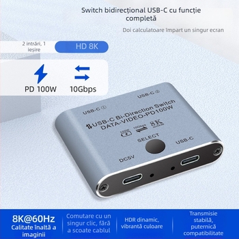 Comutator KVM Type-C 3.1 bidirecțional, două intrări într-o ieșire, interfață USB-C, Model USBC-201, 8K60Hz, Compatibil Windows 7, cablu 0,6 m