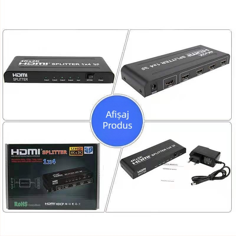 HDMI splitter 1x4 cu sursă de alimentare, 4Kx2K, distribuție 1 la 4 pentru afișare simultană