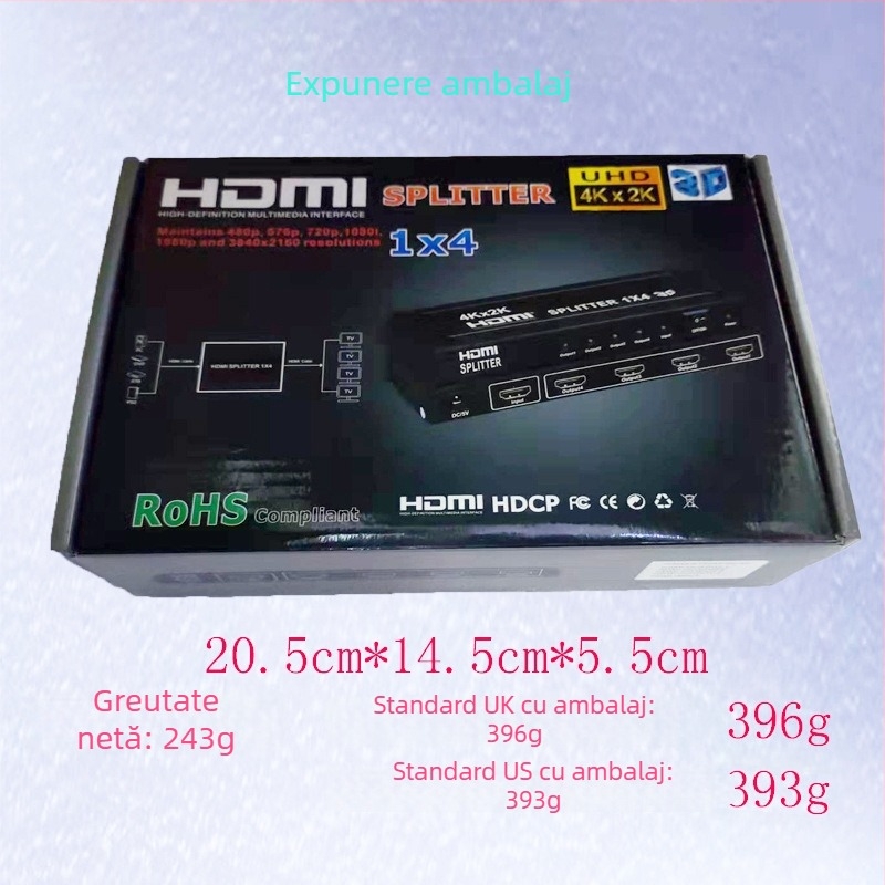 HDMI splitter 1x4 cu sursă de alimentare, 4Kx2K, distribuție 1 la 4 pentru afișare simultană