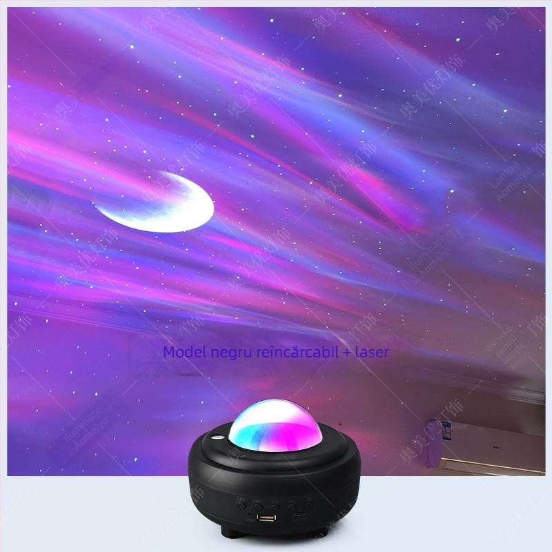 Proiector stele cu Aurora Boreală – lampă de noapte, alimentare USB / baterie încorporată / DC, Bluetooth audio, montaj pe masă
