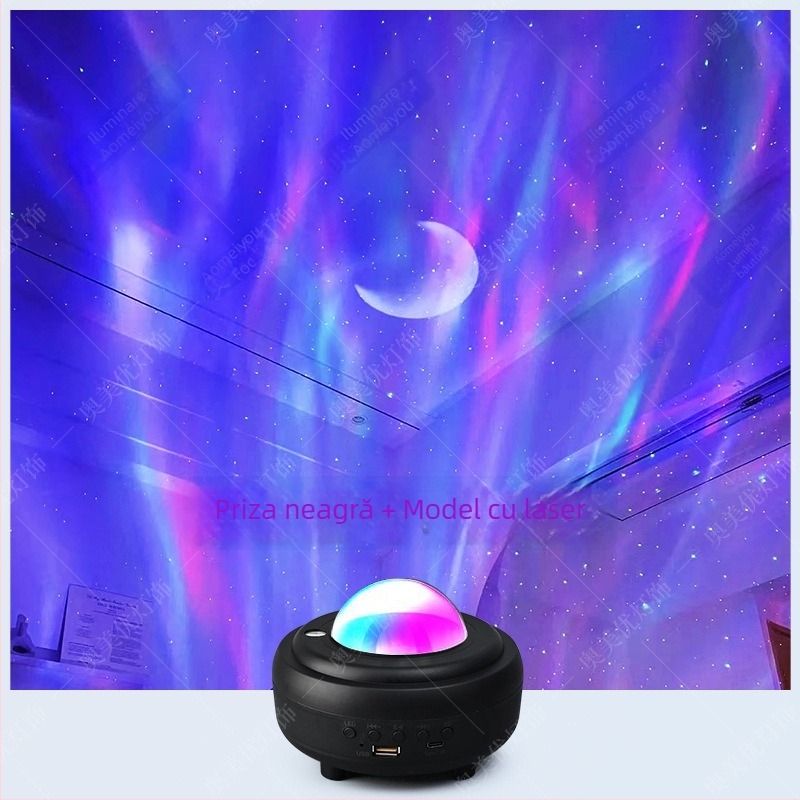 Proiector stele cu Aurora Boreală – lampă de noapte, alimentare USB / baterie încorporată / DC, Bluetooth audio, montaj pe masă