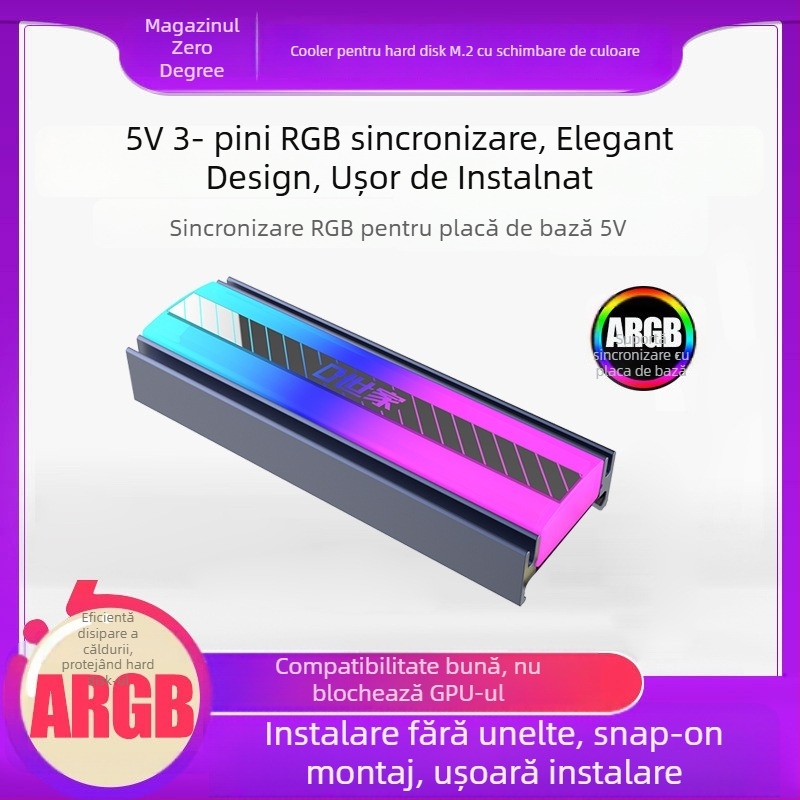 Cooler pentru SSD M.2 2280 cu iluminare ARGB și sincronizare streamer; Material: ABS + aliaj de aluminiu + oțel inoxidabil; Include pad termic.