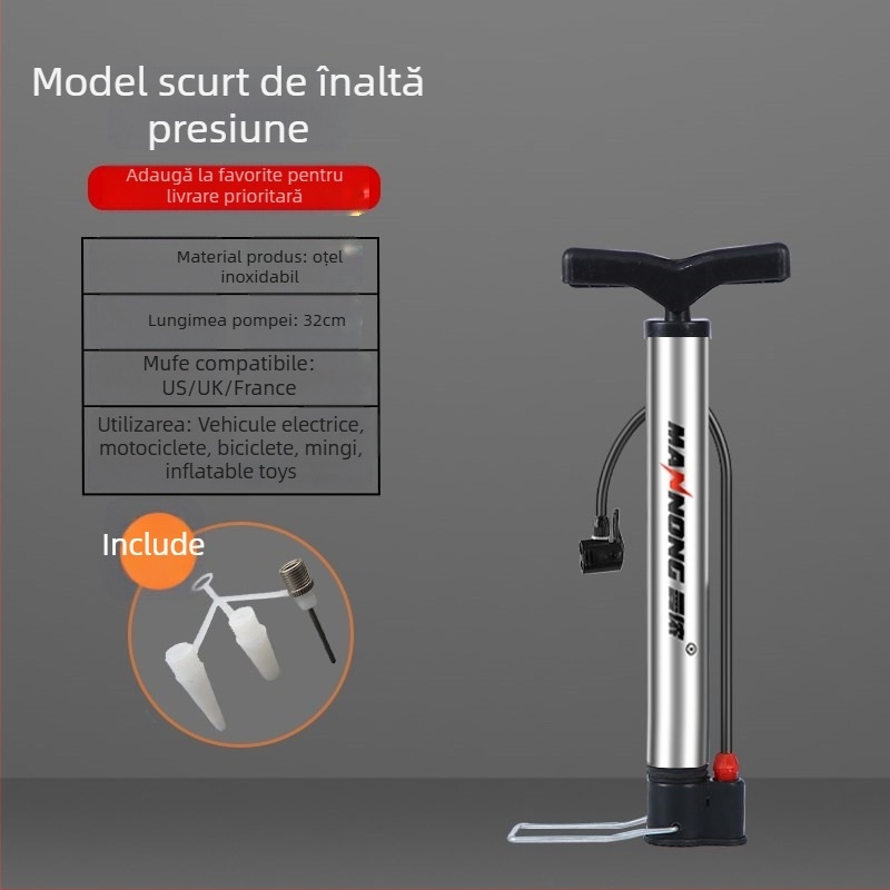 MN-098 pompă manuală din oțel inoxidabil, înaltă presiune, pentru biciclete și autoturisme mici