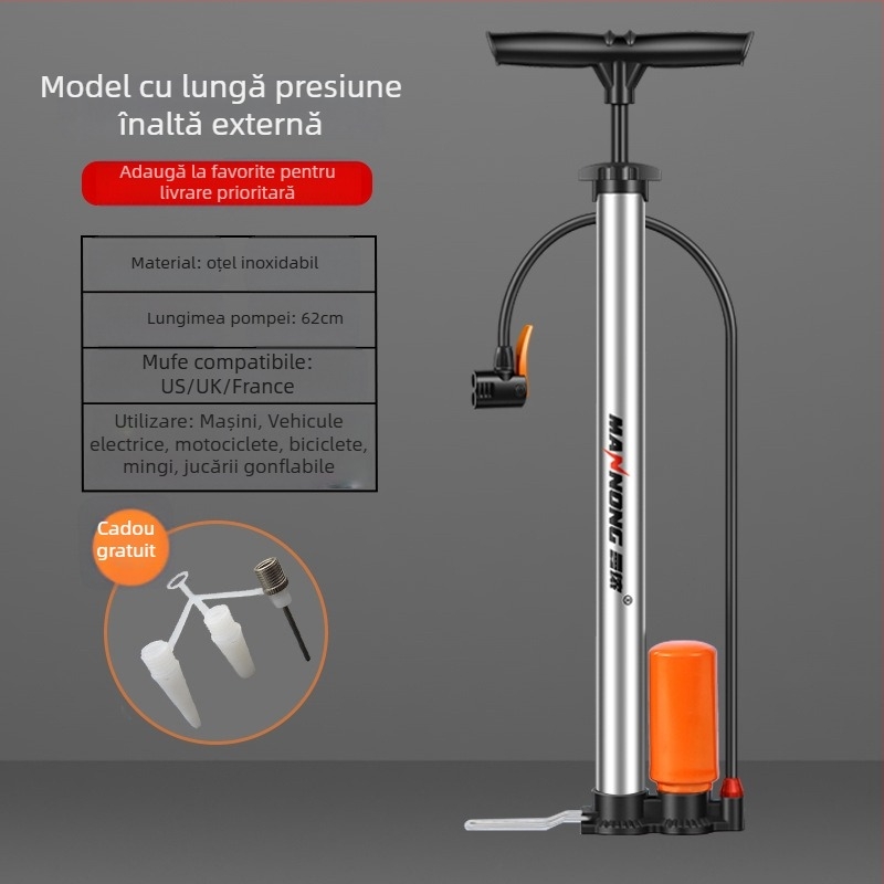 MN-098 pompă manuală din oțel inoxidabil, înaltă presiune, pentru biciclete și autoturisme mici