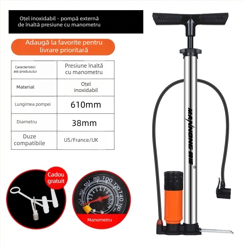 MN-098 pompă manuală din oțel inoxidabil, înaltă presiune, pentru biciclete și autoturisme mici