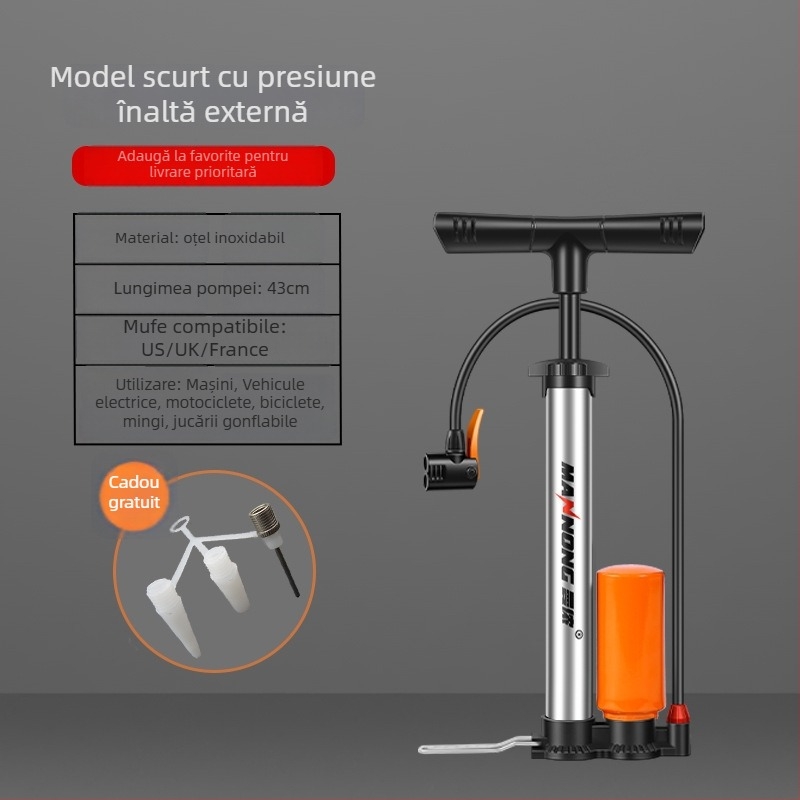 MN-098 pompă manuală din oțel inoxidabil, înaltă presiune, pentru biciclete și autoturisme mici