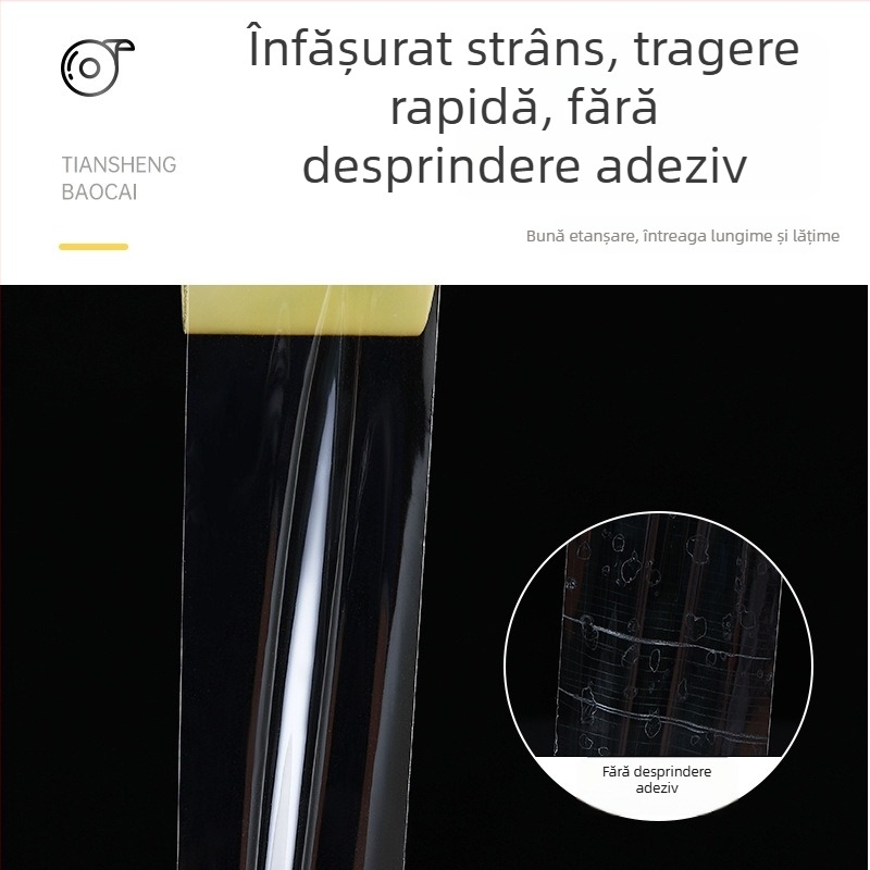 Bandă de ambalare din film BOPP, transparentă și silențioasă, adeziv pe bază de apă, grosime film 50 µm, grosime adeziv 1,5