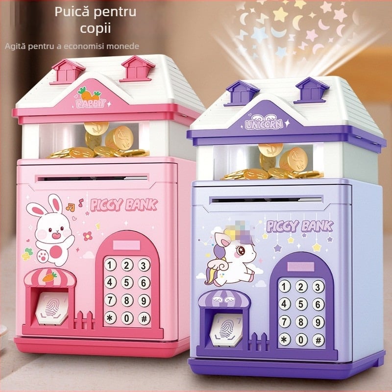 Pușculiță pentru copii cu proiecție a cerului înstelat și cutie de parolă cu amprentă — formă de casă din plastic, turnare prin injecție, design simplu și modern, logo imprimat