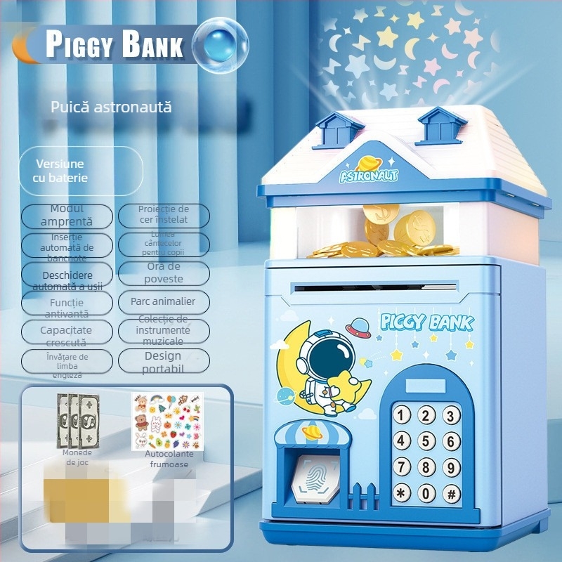 Pușculiță pentru copii cu proiecție a cerului înstelat și cutie de parolă cu amprentă — formă de casă din plastic, turnare prin injecție, design simplu și modern, logo imprimat