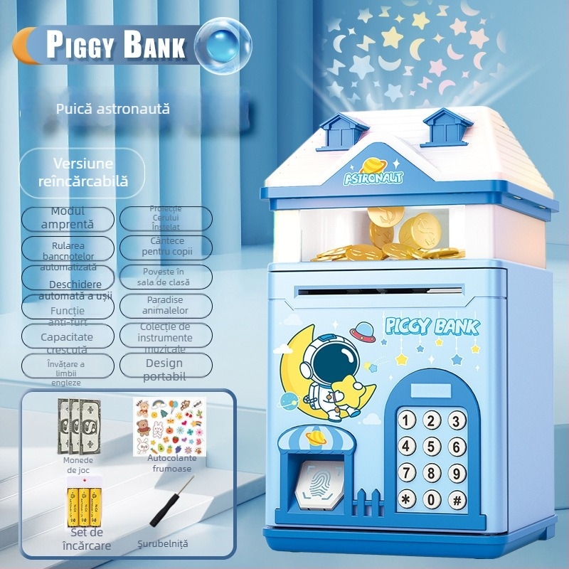 Pușculiță pentru copii cu proiecție a cerului înstelat și cutie de parolă cu amprentă — formă de casă din plastic, turnare prin injecție, design simplu și modern, logo imprimat