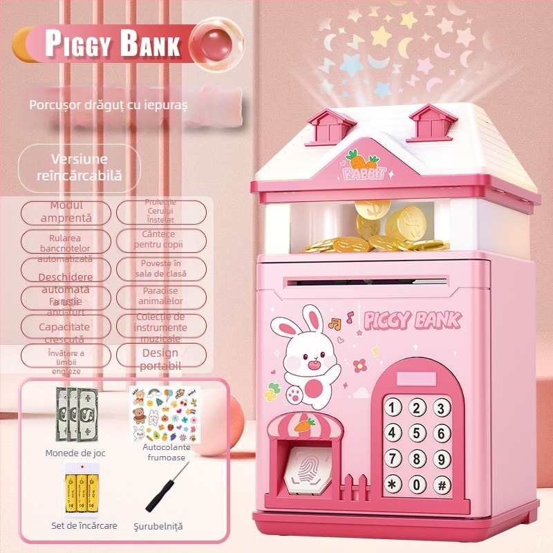 Pușculiță pentru copii cu proiecție a cerului înstelat și cutie de parolă cu amprentă — formă de casă din plastic, turnare prin injecție, design simplu și modern, logo imprimat