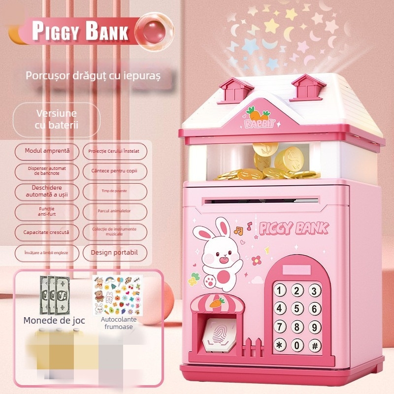 Pușculiță pentru copii cu proiecție a cerului înstelat și cutie de parolă cu amprentă — formă de casă din plastic, turnare prin injecție, design simplu și modern, logo imprimat