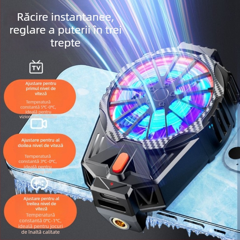 Feilibake X57 Răcitor pentru telefon — conexiune Type-C, ventilator de 45 mm, material ABS + aliaj de aluminiu, compatibil cu iPhone și Android, controlul temperaturii în 3 trepte