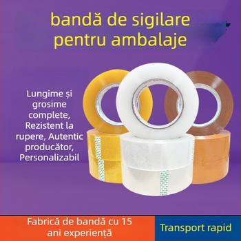 Bandă de ambalaj din BOPP, transparentă, aderență ridicată; grosime film 52–55 µm; adeziv transparent; tăiere cu unelte; rezistență la temperatură pe termen scurt până la 80°C