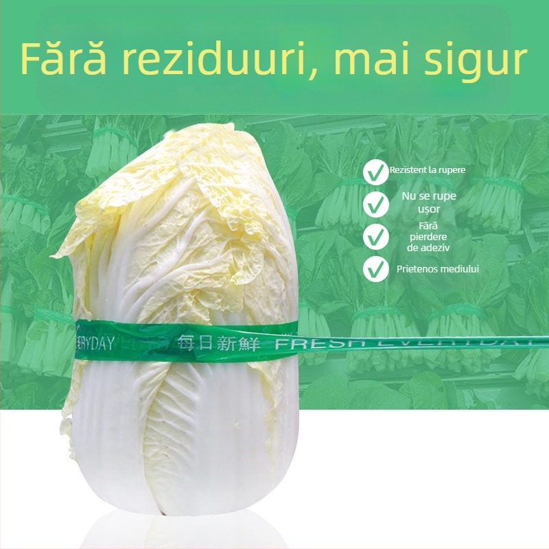 Bandă de ambalare pentru legume și fructe cu marcaje imprimate zilnic, film BOPP, rezistentă la UV, adeziv sensibil la presiune, grosime 50 μm