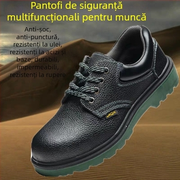Încălțăminte de protecție pentru șantier, piele de vită cu relief și talpă PU, vârf din oțel, protecție anti-șoc și anti-perforație, rezistente la ulei, la acizi și la alcalii, impermeabile și antiderapante.
